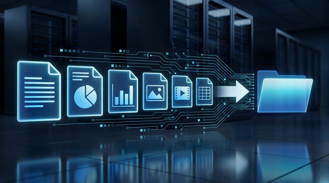 Enterprise file migration workflow with digital documents transferring into centralized storage across secure server infrastructure