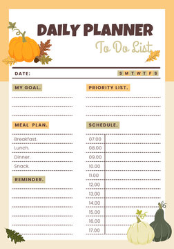 Autumn daily planner to do list template, pumpkin, oak leaves, cozy fall design. Printable organizer