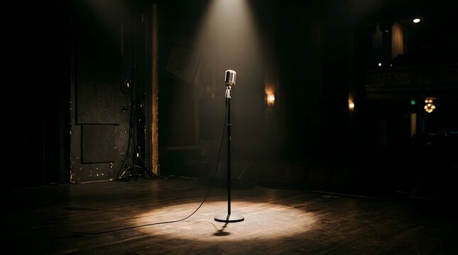 Silver vintage microphone standing on an empty wooden theater stage