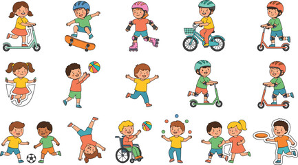 Fototapeta premium Cute Active Kids Vector Set Featuring Diverse Children Riding Scooters, Bicycles, Skateboarding, Playing Soccer, and Enjoying Outdoor Summer Sports Activities