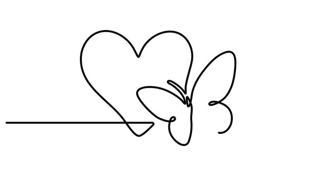 Animated One continuous line drawing of love and butterfly signs. The spring nature linear motion graphics. Minimal lovely flying butterfly icon line art animation full-length video clip. 4k