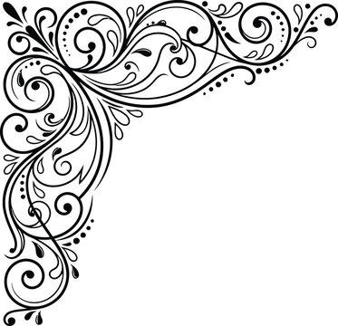 An elegant black and white floral corner flourish featuring intricate swirling patterns and graceful botanical lines on a clean white background