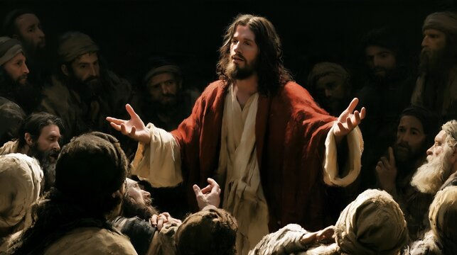 Jesus Christ preaches to a gathered crowd in a historical setting