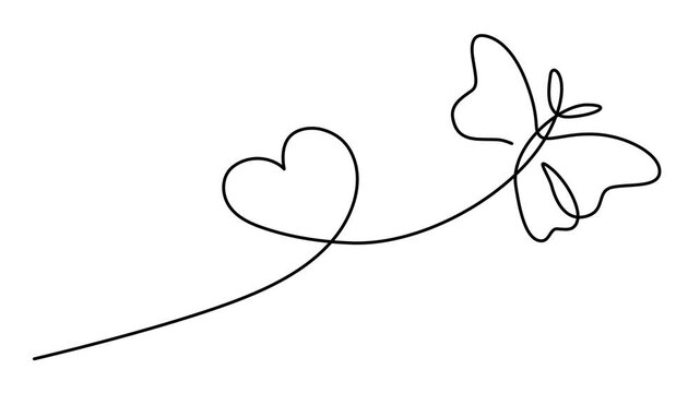 Animated One continuous line drawing of love and butterfly signs. The spring nature linear motion graphics. Minimal lovely flying butterfly icon line art animation full-length video clip. 4k