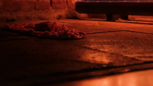 Professional chef placing a long Turkish Pide into a hot, flaming stone oven with a wooden peel