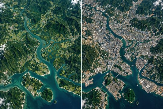 Satellite image comparing a natural river delta and forested area with an urbanized cityscape and infrastructure.