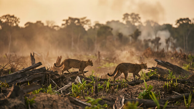 Two jaguars roam through a deforested area of the Amazon rainforest at sunrise, highlighting environmental destruction and wildlife impact