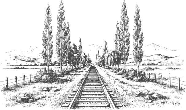 Monochrome sketch of railway tracks leading through rural landscape with tall poplar trees and hills.