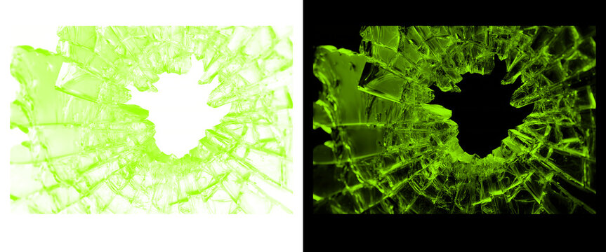 Shattered green glass texture with hole, broken window shards on black and white background, glowing neon lime cracked glass effect