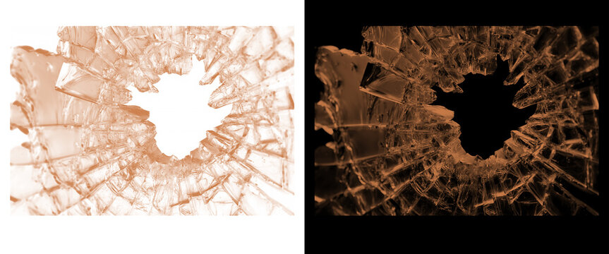 Shattered glass hole with sharp shards, broken window pane texture in copper and bronze tones, cracked glass surface with impact damage