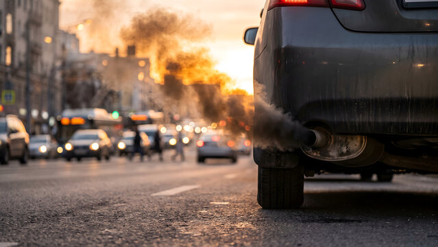 Close-up of car exhaust pipes emitting smoke on a busy city street during sunset, highlighting urban air pollution