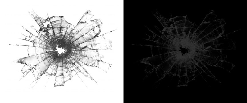 Shattered glass hole with radial cracks, broken window texture on white and black background, realistic bullet hole impact in glass pane