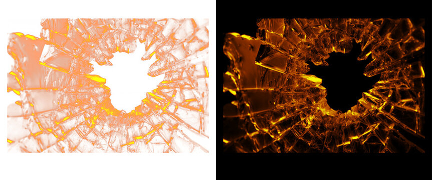 Shattered glass with bullet hole effect, golden glowing broken glass shards on black and white backgrounds, cracked window pane texture for action design