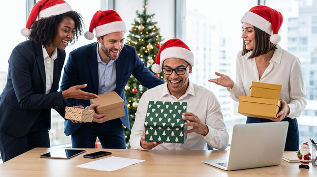 Diverse office coworkers wearing santa hats exchanging christmas gifts during cheerful holiday celebration at work.