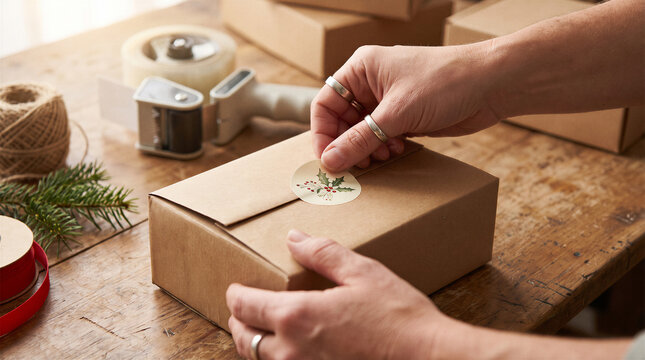 Hands sealing kraft cardboard parcel with festive holly sticker at christmas packing workstation.