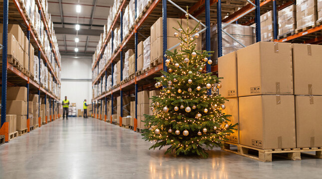 Decorated christmas tree standing among stacked cardboard boxes inside busy warehouse during holiday fulfillment season with copy space.