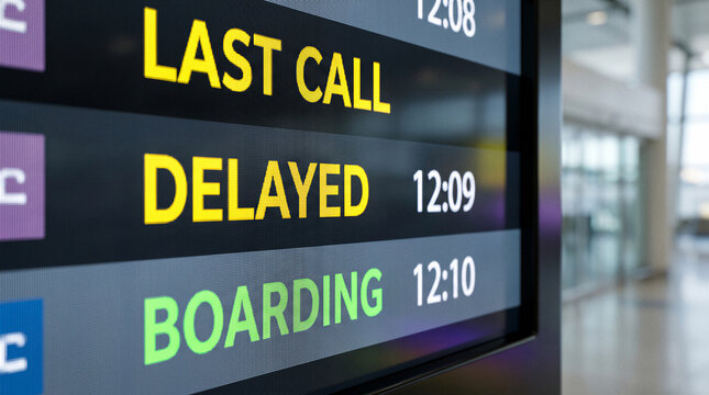Airport departure board showing delayed flight, last call and boarding status inside modern passenger terminal.