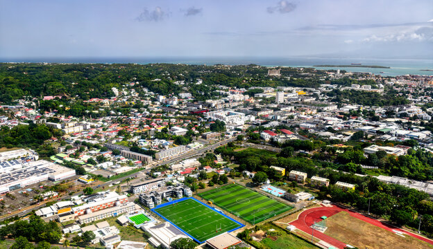 Aerial panorama of Les Abymes and Pointe-a-Pitre towns in Guadeloupe, Caribbean France
