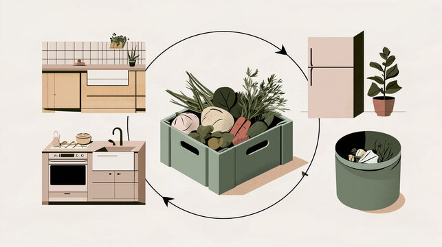 Kitchen composting system with fresh vegetables and recycling bin