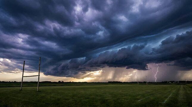 Dramatic storm clouds over a grassy field with lightning