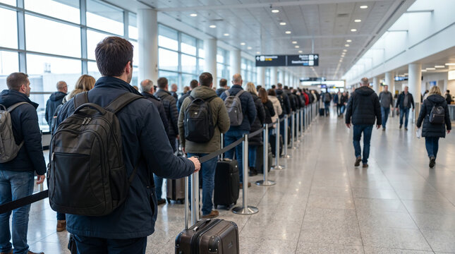 Long airport passenger queue with travelers and luggage waiting inside busy modern terminal with copy space.
