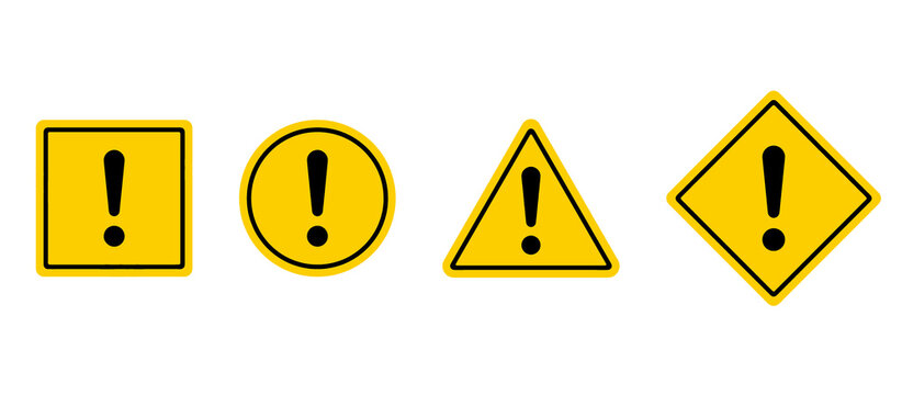 Warning Attention and Caution Sign Icon Set. Yellow Traffic Hazard and Exclamation Symbols. Vector Illustration.