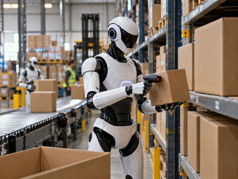 Humanoider Roboter bewegt Kartons auf einem F&ouml;rderband im modernen Versandlager. Automatisierte Abl&auml;ufe stehen f&uuml;r die Zukunft effizienter Logistik und Lagerrobotik.