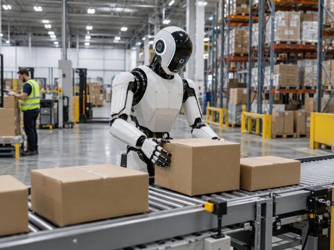 Humanoider Roboter scannt ein Paket im modernen Versandlager und kontrolliert Waren im Regal. Automatisierte Kommissionierung zeigt die Zukunft effizienter Logistikprozesse.