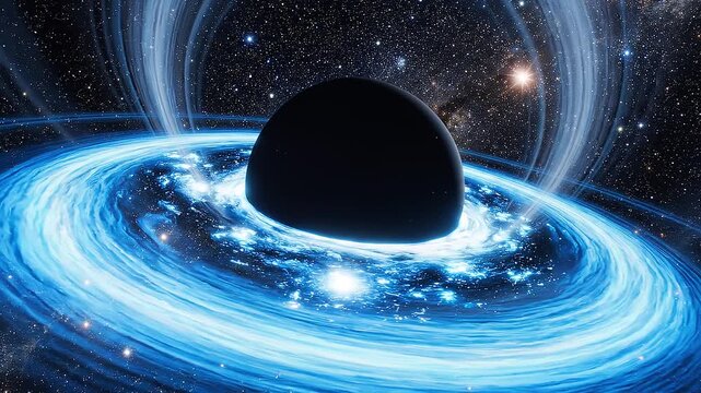 Cinematic 3D animation of a supermassive black hole with a glowing electric blue accretion disk and gravitational lensing in deep space