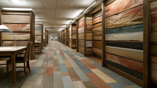 Stone sample display in library hallway with wooden bookcases and tiled floor