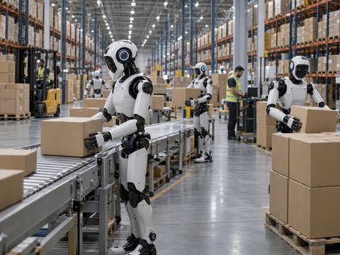 Mehrere humanoide Roboter bearbeiten Pakete an F&ouml;rderb&auml;ndern in einem gro&szlig;en Versandlager. Automatisierung und Robotik zeigen die Zukunft skalierbarer Logistik.