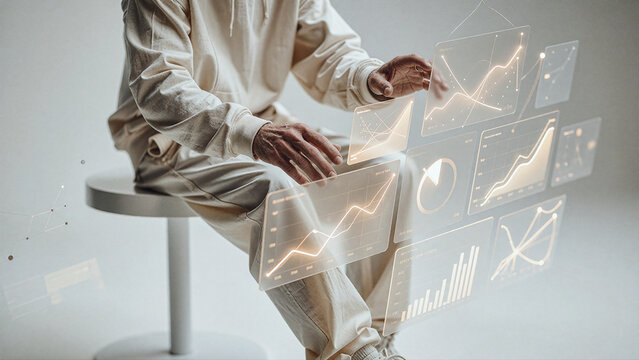 Person interacts with floating holographic data charts displayed in mid-air through a series of translucent glass panels against a neutral grey background.