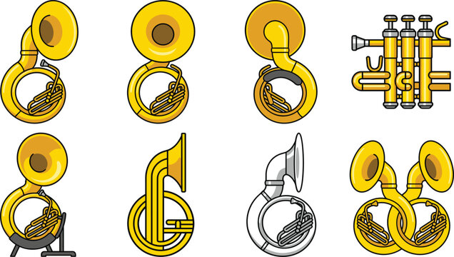 Golden Brass Marching Band Instruments Icon Set with Sousaphone Tuba and Trumpet Vectors for Music Education Concert Posters and Festival Designs