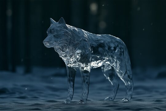 Ice Wolf Sculpture Against a Cool Blue Forest Backdrop
