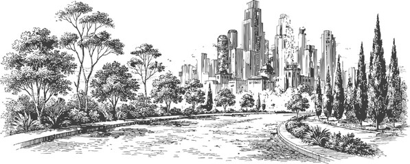 Obraz premium Urban city landscape with park and river vector sketch for travel and architecture design.