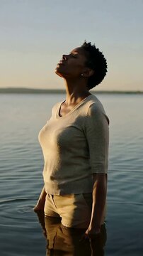 Vertical video: Sun urging woman lifting chin and tilting head back in lake in sun, wearing sweater