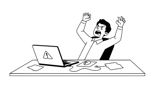 Angry computer user reacting to laptop malfunction and technical difficulty
