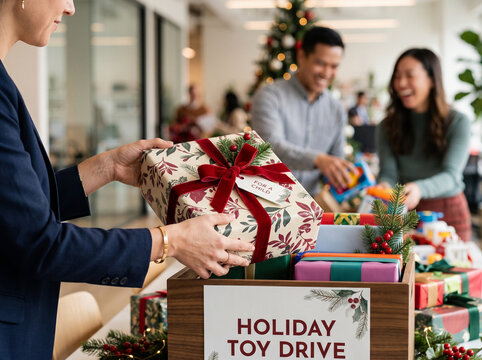 Festive holiday toy drive with gift wrapping and community sharing