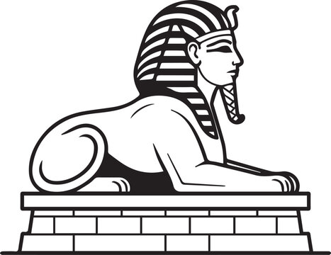 Egyptian sphinx statue profile vector line art illustration. Ancient monumental creature head portrait wearing nemes headdress isolated