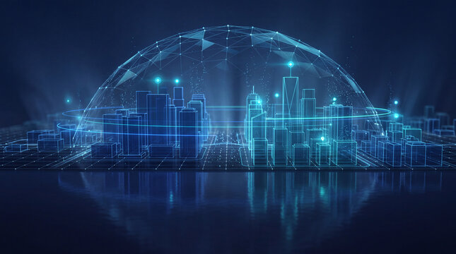 Wireframe digital twin city under a glowing data mesh