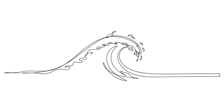 Continuous line drawing of ocean wave black outline vector illustration for surf sport branding