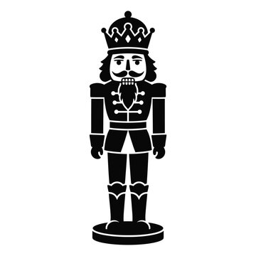 Christmas day, Vintage Christmas nutcracker soldier icon, black and white holiday toy vector silhouette, traditional festive character logo design isolated on White Background