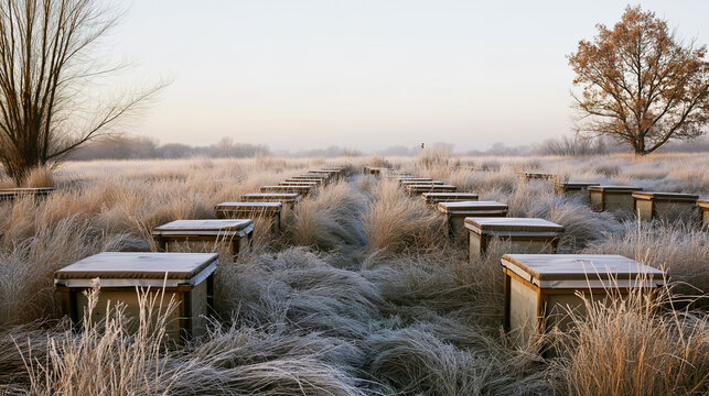 Rows of beehives in frosty grass field at sunrise