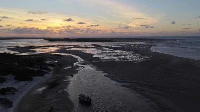 Aerial view of Lencois Maranhenses at sunset, Brazil.