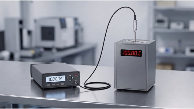 Precision temperature calibration of dry block calibrator with reference benchmark thermometer showing 100.00 C and 100.002 C in metrology laboratory