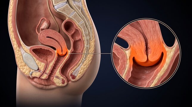 Sagittal view of female reproductive anatomy showing uterus and cervix with highlighted internal os.