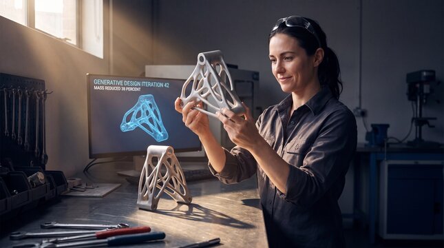 Female engineer holding 3D printed generative design bracket in workshop with optimization software on screen