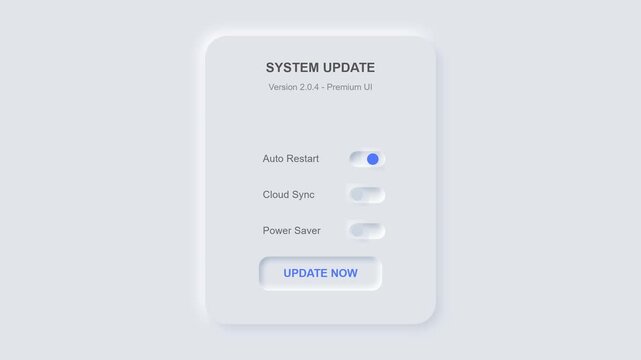 Neumorphic system update interface with toggle switches and buttons