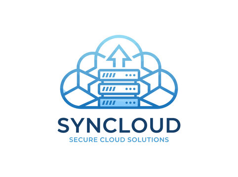Modern blue cloud server vector graphic design featuring a stylized upload arrow for digital storage branding