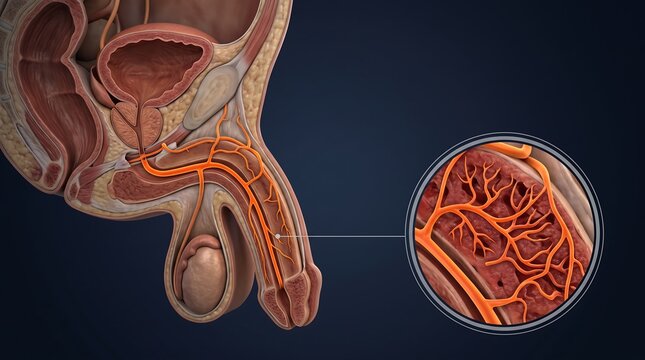 Detailed anatomical illustration of the male reproductive system, focusing on the intricate neural and vascular networks within the penis.